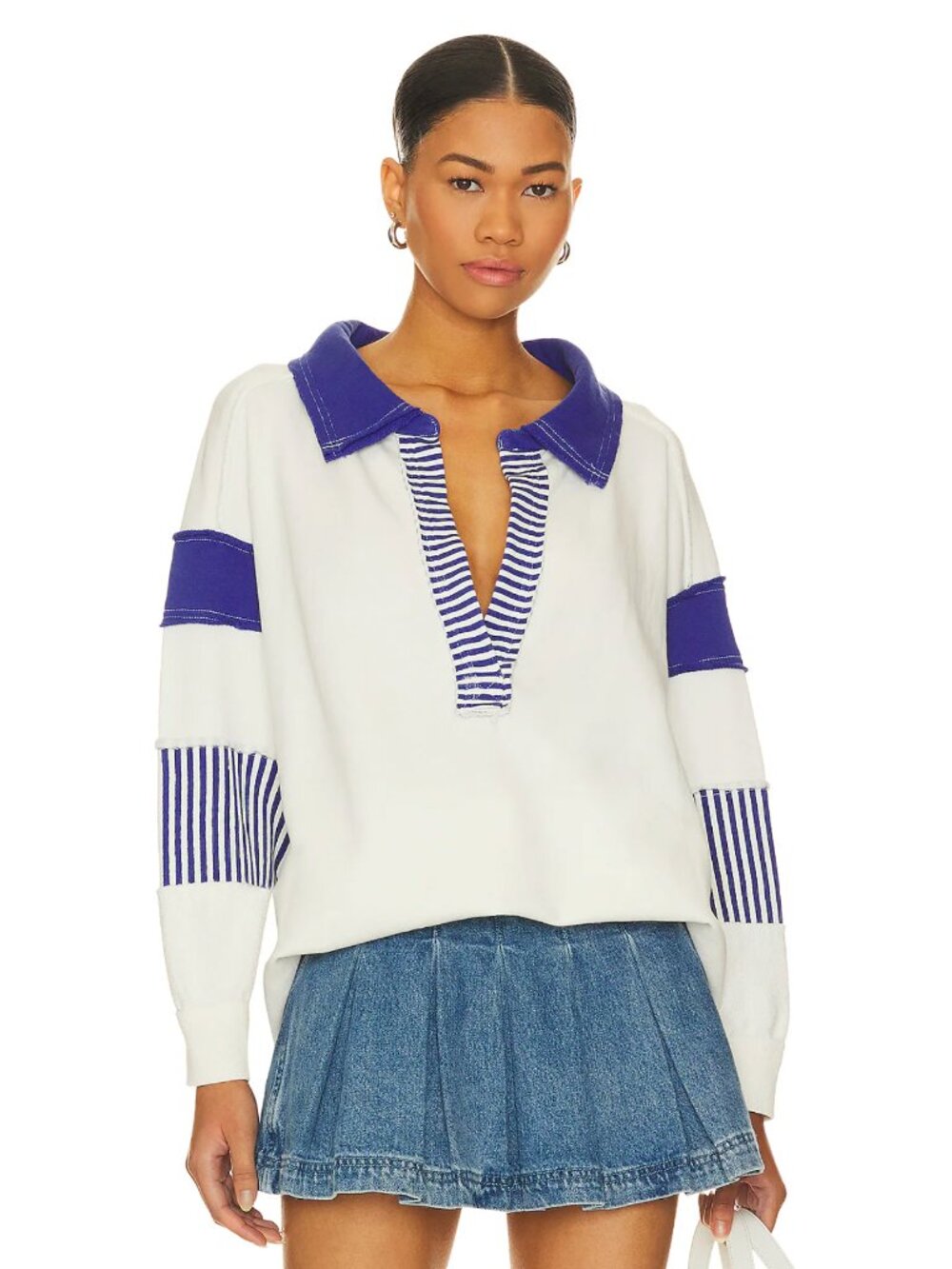NEW Free People x We The Free Clean Prep Polo Ivory White Blue Combo Long Sleeve